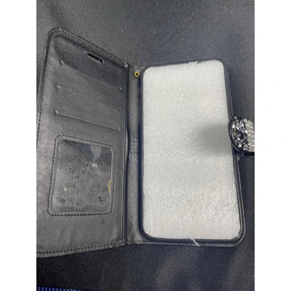 Bling Rhinestone Wallet Phone Case Black Silver Crystal Folio Universal Large